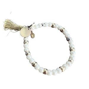 J.Crew Faux Pearl and Gold Beaded Tassel Boho Stretch Bracelet